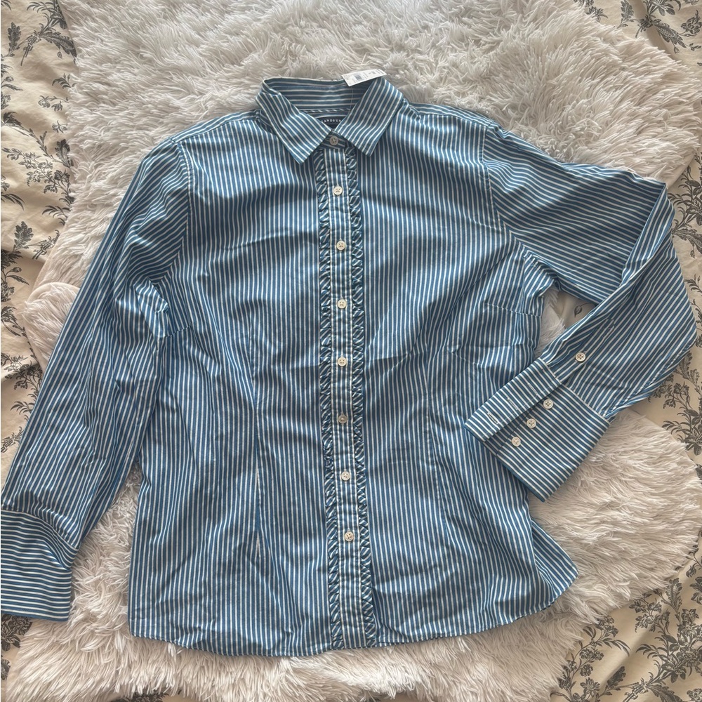 Lands’ End Blue White Stripe Ruffle Button Shirt Women’s 16 NWT Preppy Blouse